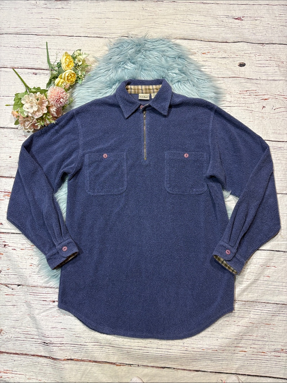 L.L. Bean Boucle Fleece Blue 1/4 Zip Utility Pullover Sweatshirt Tall Fit
